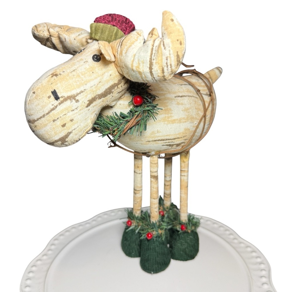 Plush Standing CHRISTMAS MOOSE, Rustic Wreath Winter Scarf Hat 12X10 Cottagecore